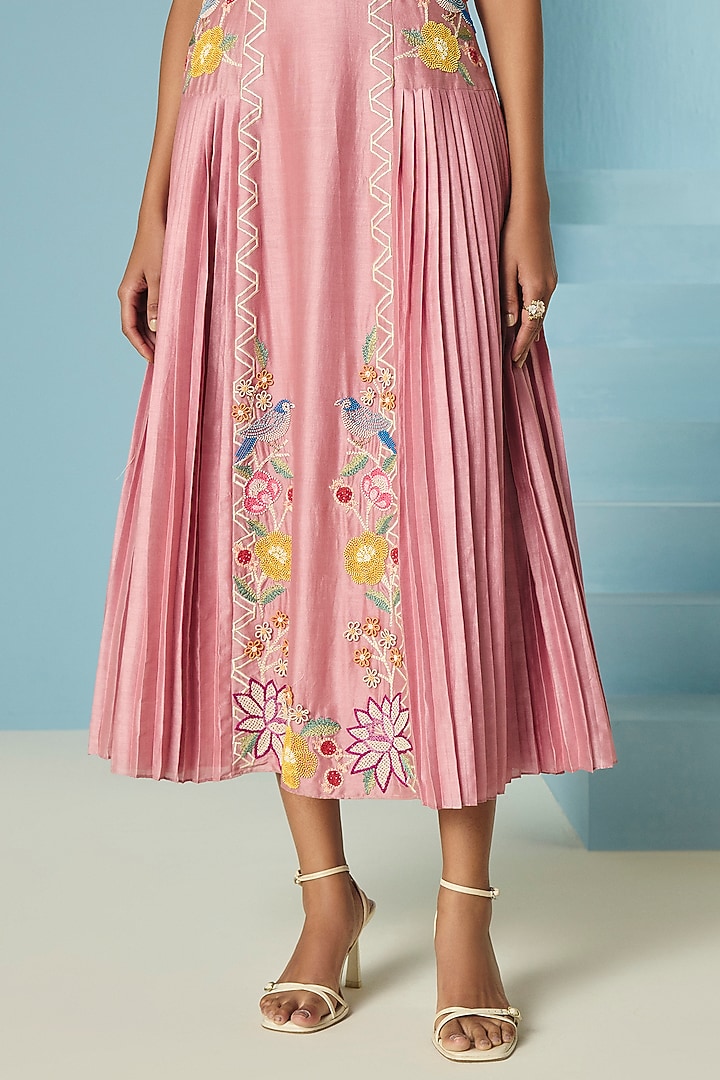 Blush Pink Chanderi Floral Thread Work Pleated Midi Cocktail Dress by Chandrima at Pernia's Pop Up Shop