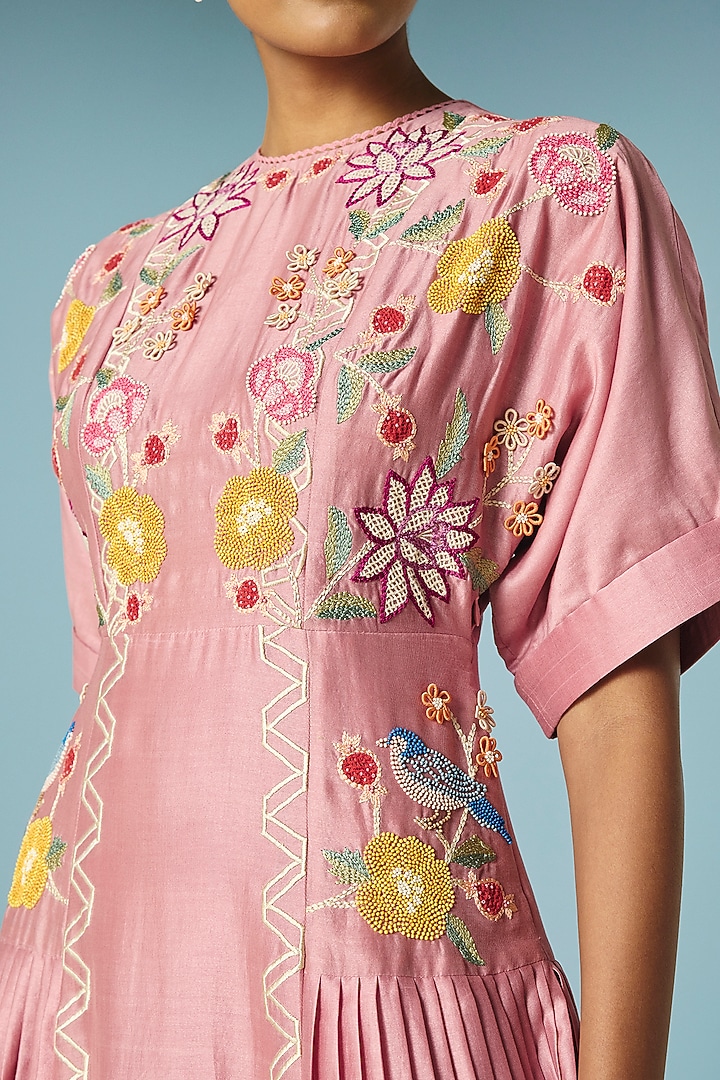 Blush Pink Chanderi Floral Thread Work Pleated Midi Cocktail Dress by Chandrima at Pernia's Pop Up Shop