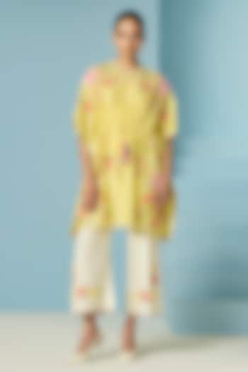 Butter Yellow Chanderi Threadwork Kaftan by Chandrima at Pernia's Pop Up Shop