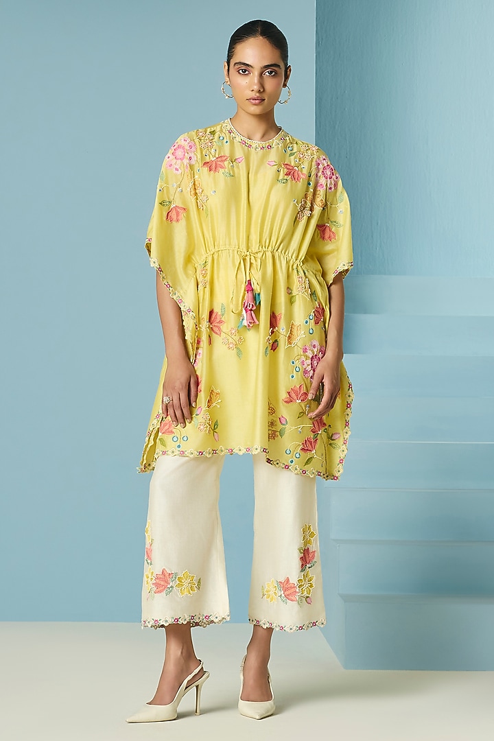 Butter Yellow Chanderi Threadwork Kaftan by Chandrima at Pernia's Pop Up Shop