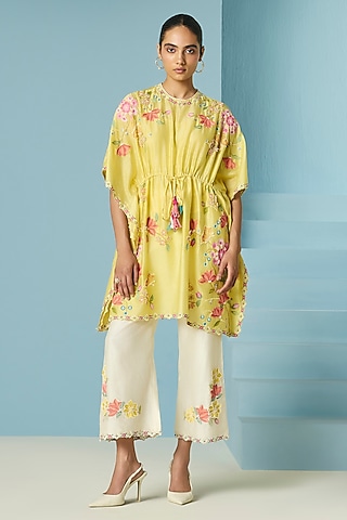 Butter Yellow Chanderi Threadwork Kaftan by Chandrima
