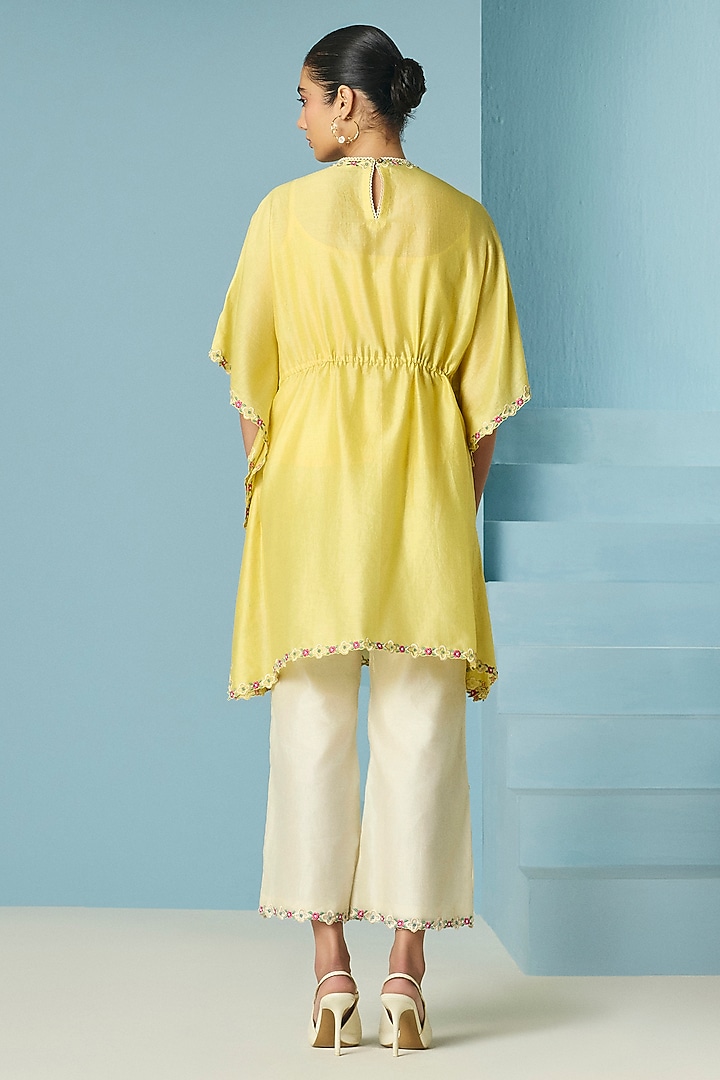 Butter Yellow Chanderi Threadwork Kaftan by Chandrima at Pernia's Pop Up Shop