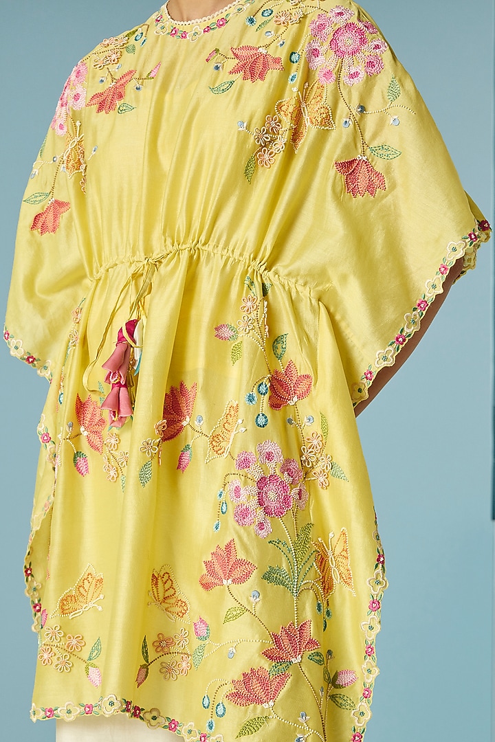 Butter Yellow Chanderi Threadwork Kaftan by Chandrima at Pernia's Pop Up Shop
