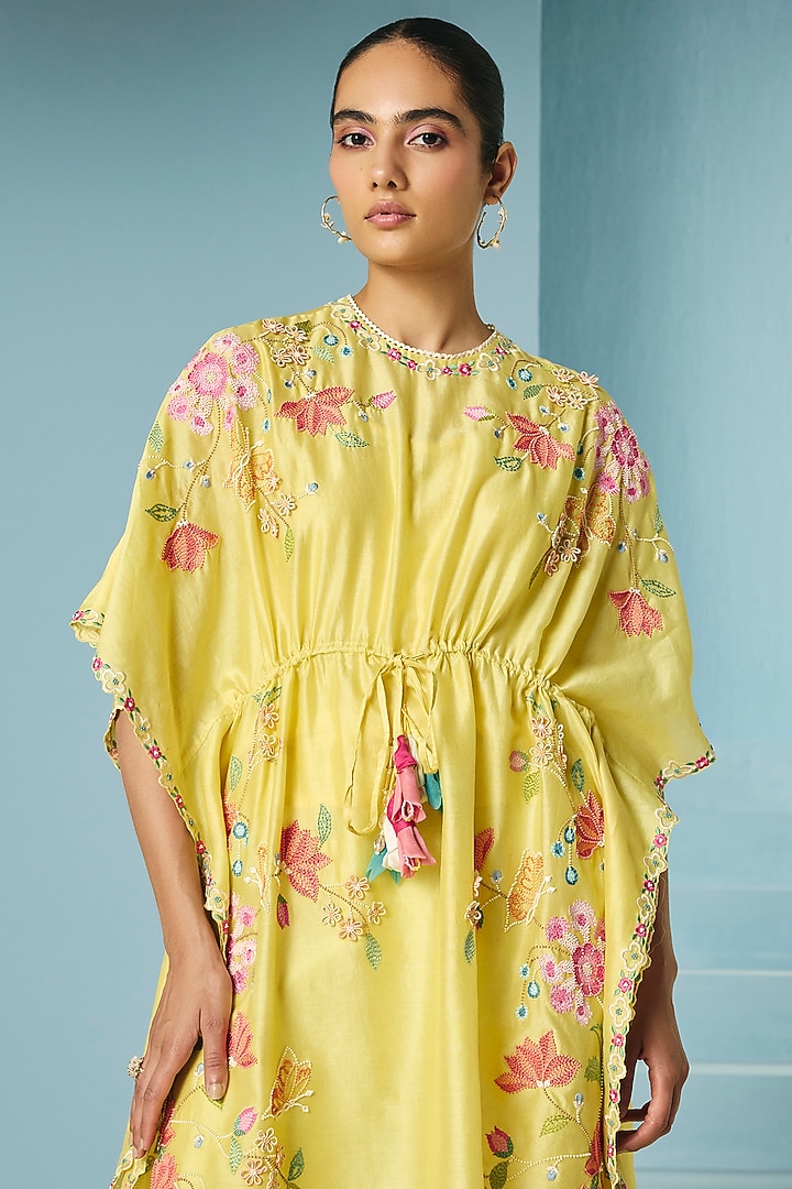 Butter Yellow Chanderi Threadwork Kaftan by Chandrima at Pernia's Pop Up Shop