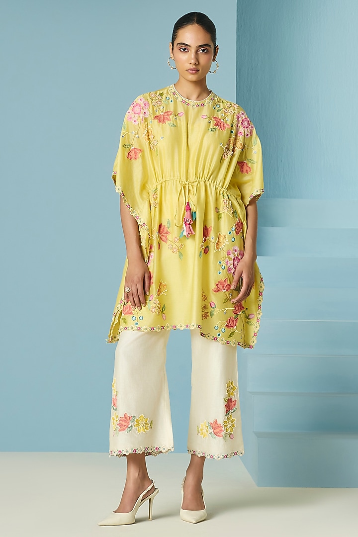 Ivory Chanderi Threadwork Straight Pants by Chandrima at Pernia's Pop Up Shop