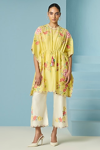 Ivory Chanderi Threadwork Straight Pants by Chandrima