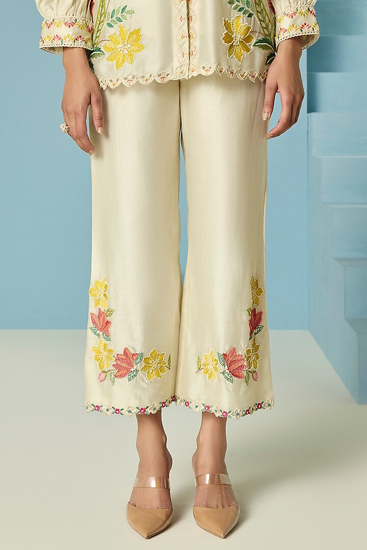 Ivory Chanderi Threadwork Straight Pants by Chandrima at Pernia's Pop Up Shop