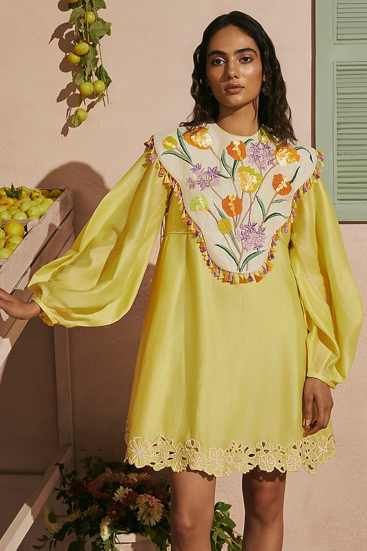 Butter Yellow Chanderi Floral Thread Work Cape Mini Cocktail Dress by Chandrima at Pernia's Pop Up Shop
