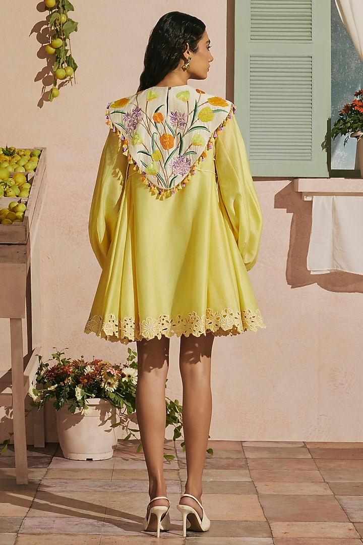 Butter Yellow Chanderi Floral Thread Work Cape Mini Cocktail Dress by Chandrima at Pernia's Pop Up Shop