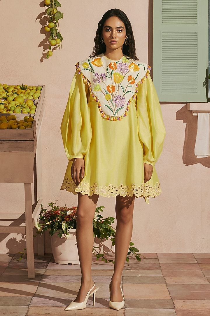 Butter Yellow Chanderi Floral Thread Work Cape Mini Cocktail Dress by Chandrima at Pernia's Pop Up Shop