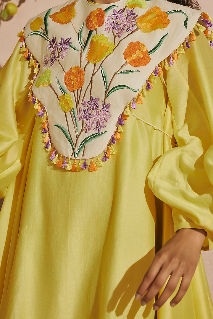 Butter Yellow Chanderi Floral Thread Work Cape Mini Cocktail Dress by Chandrima at Pernia's Pop Up Shop