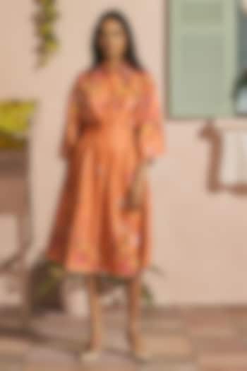 Orange Chanderi Applique Work Pleated Cocktail Dress by Chandrima at Pernia's Pop Up Shop