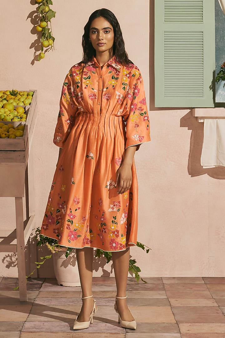 Orange Chanderi Applique Work Pleated Cocktail Dress by Chandrima at Pernia's Pop Up Shop