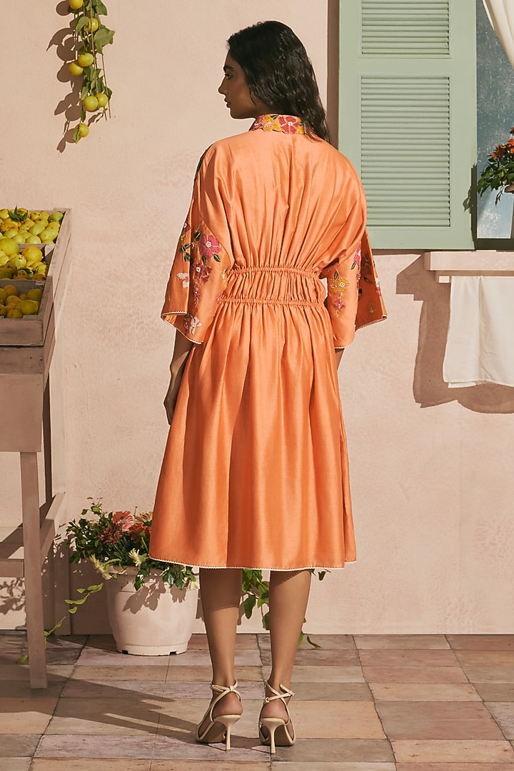 Orange Chanderi Applique Work Pleated Cocktail Dress by Chandrima at Pernia's Pop Up Shop