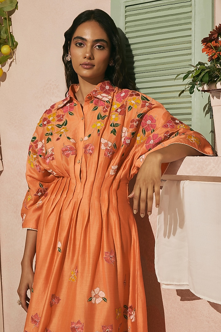 Orange Chanderi Applique Work Pleated Cocktail Dress by Chandrima at Pernia's Pop Up Shop