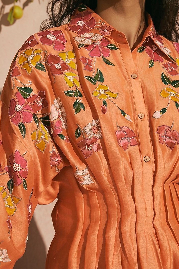 Orange Chanderi Applique Work Pleated Cocktail Dress by Chandrima at Pernia's Pop Up Shop