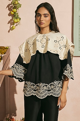 Black Poplin Cutwork Top by Chandrima