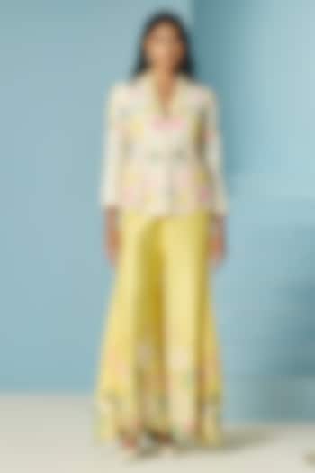 Ivory Chanderi Floral Applique Jacket by Chandrima at Pernia's Pop Up Shop