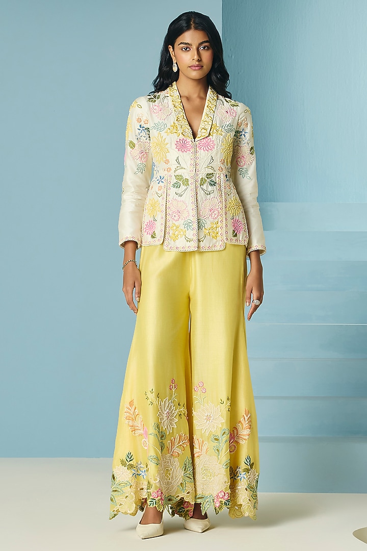 Ivory Chanderi Floral Applique Jacket by Chandrima at Pernia's Pop Up Shop