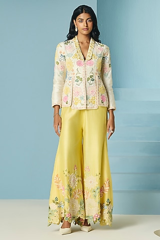 Ivory Chanderi Floral Applique Jacket by Chandrima