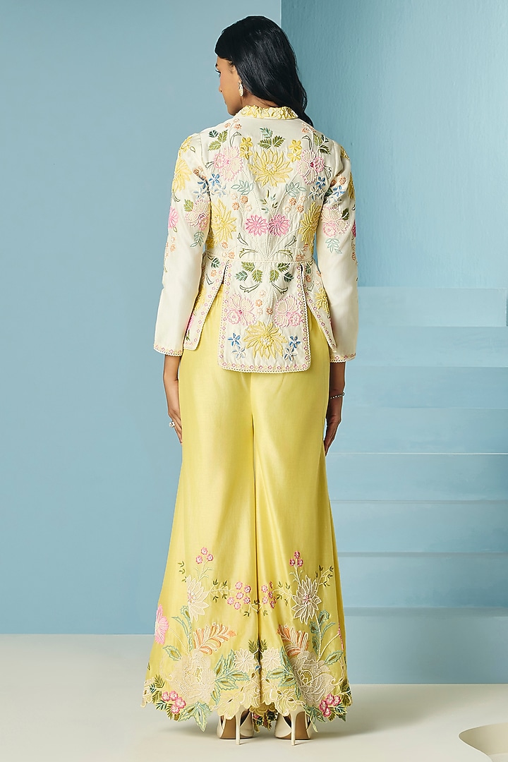 Ivory Chanderi Floral Applique Jacket by Chandrima at Pernia's Pop Up Shop