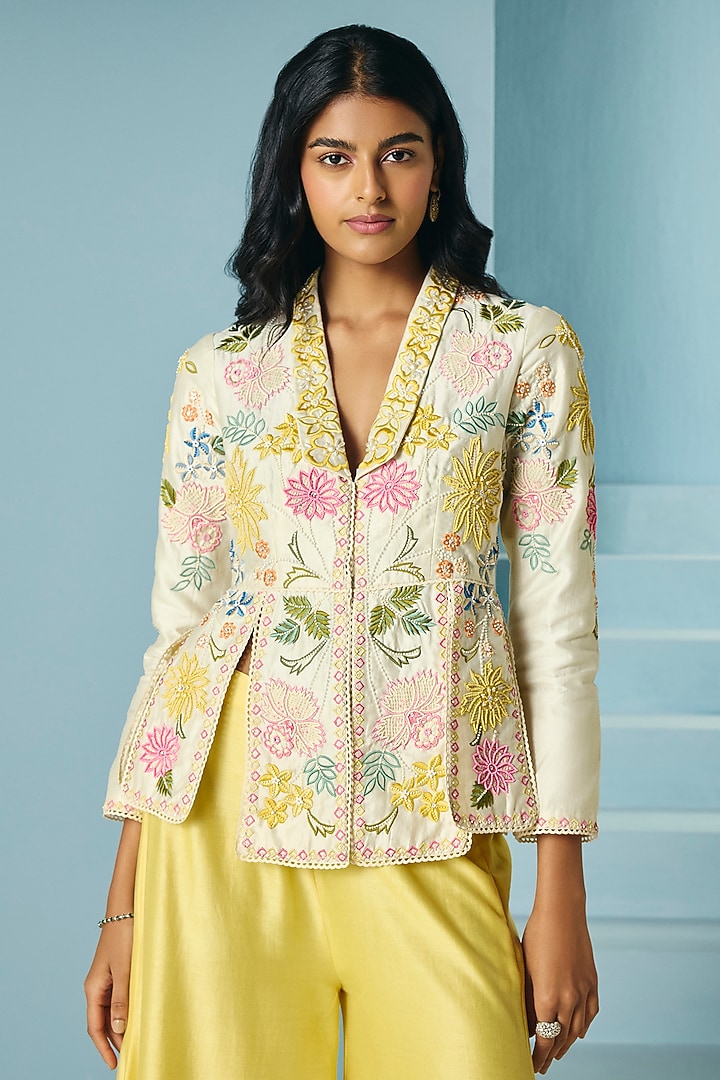 Ivory Chanderi Floral Applique Jacket by Chandrima at Pernia's Pop Up Shop