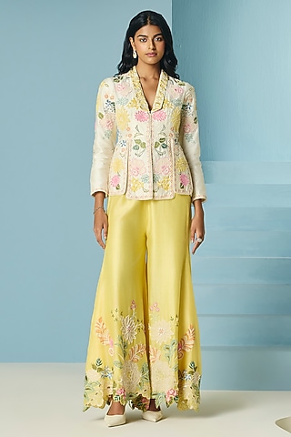 Butter Yellow Chanderi Floral Applique Sharara by Chandrima