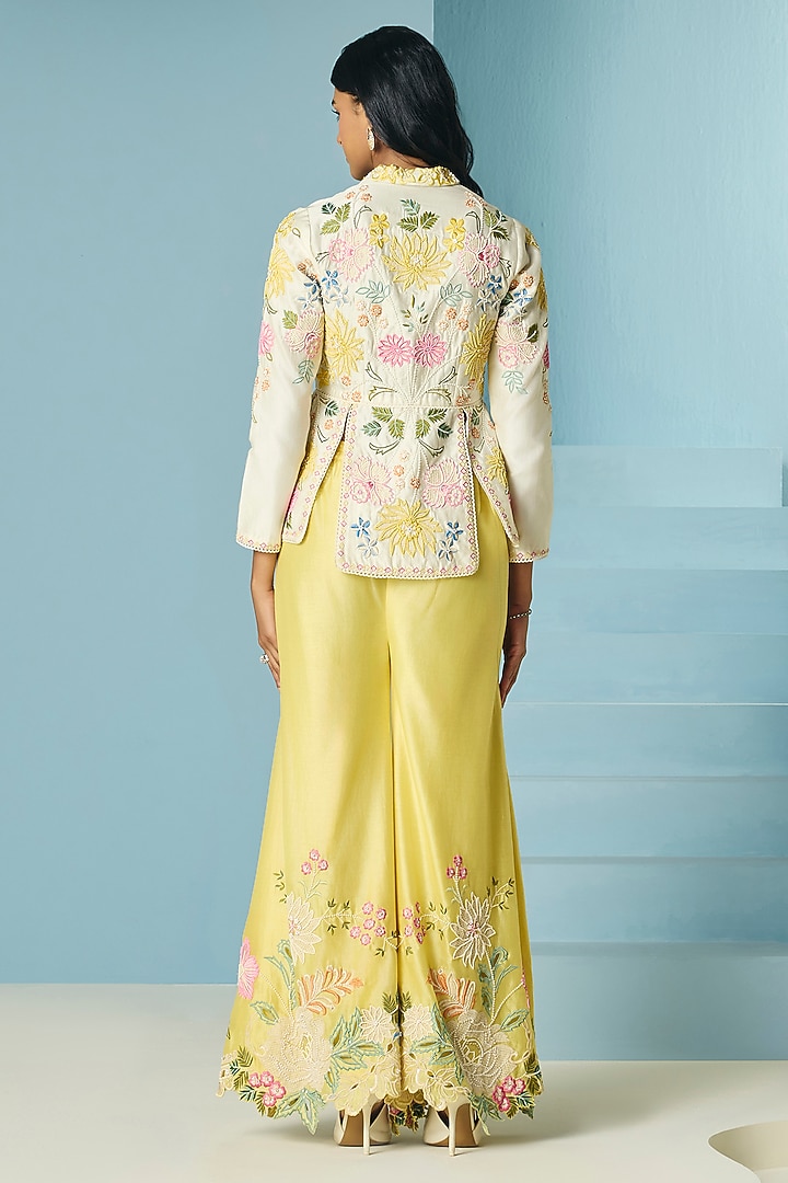 Butter Yellow Chanderi Floral Applique Sharara by Chandrima at Pernia's Pop Up Shop