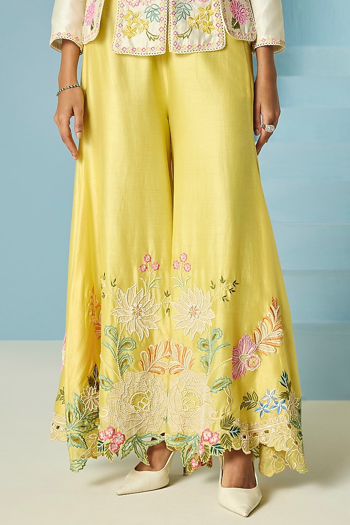 Butter Yellow Chanderi Floral Applique Sharara by Chandrima at Pernia's Pop Up Shop