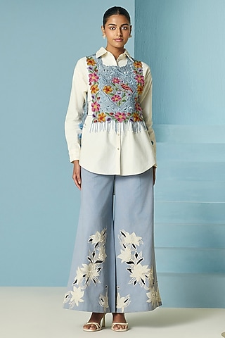 Powder Blue Chanderi Floral Beadwork Vest by Chandrima