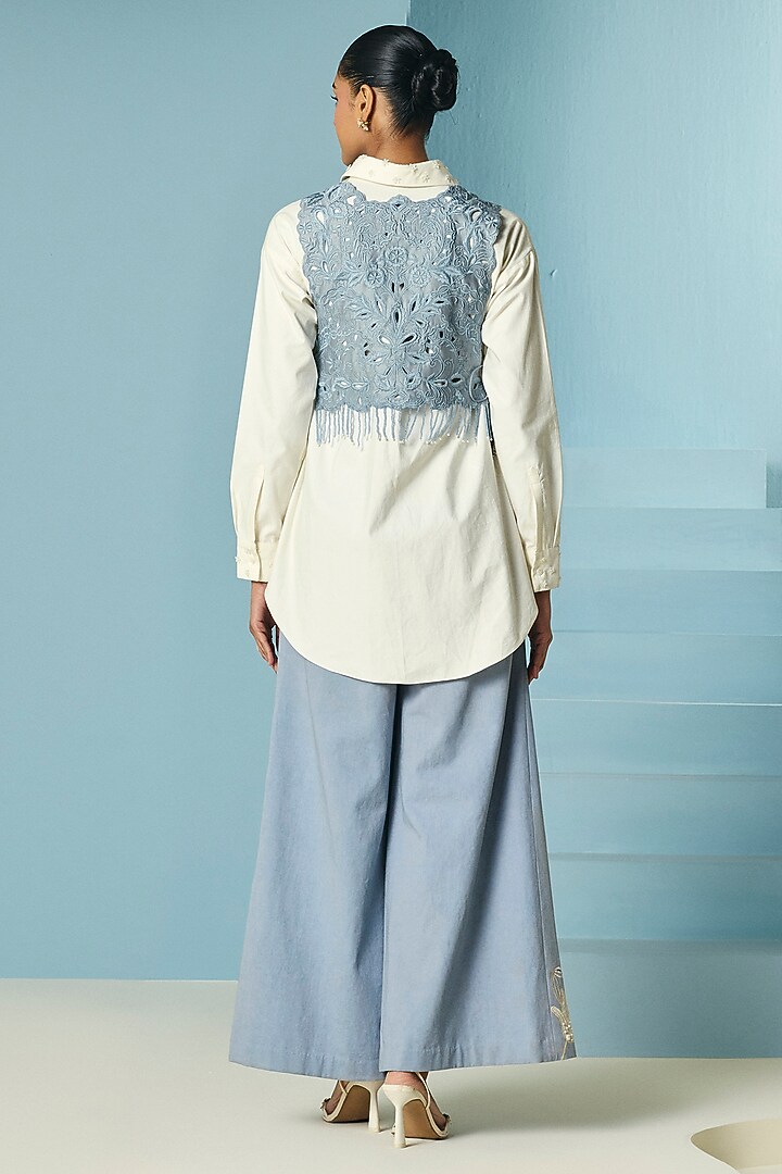 Powder Blue Chanderi Floral Beadwork Vest by Chandrima at Pernia's Pop Up Shop
