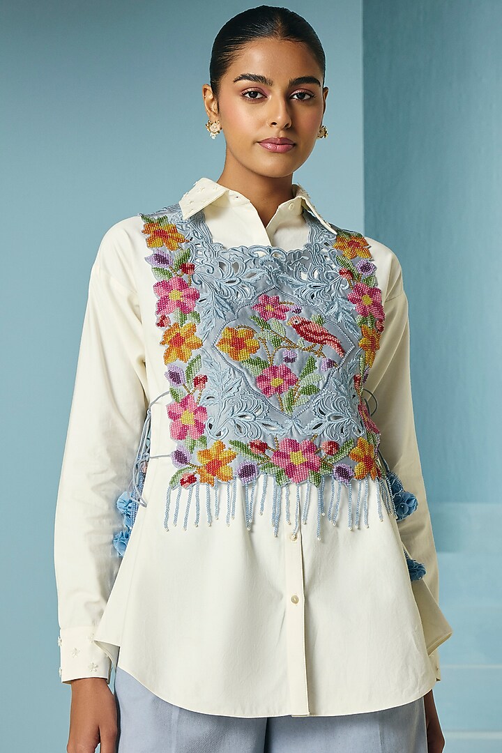 Powder Blue Chanderi Floral Beadwork Vest by Chandrima at Pernia's Pop Up Shop