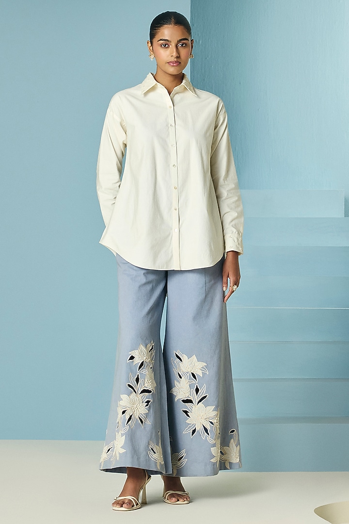 Ivory Poplin Bead Work Shirt by Chandrima at Pernia's Pop Up Shop