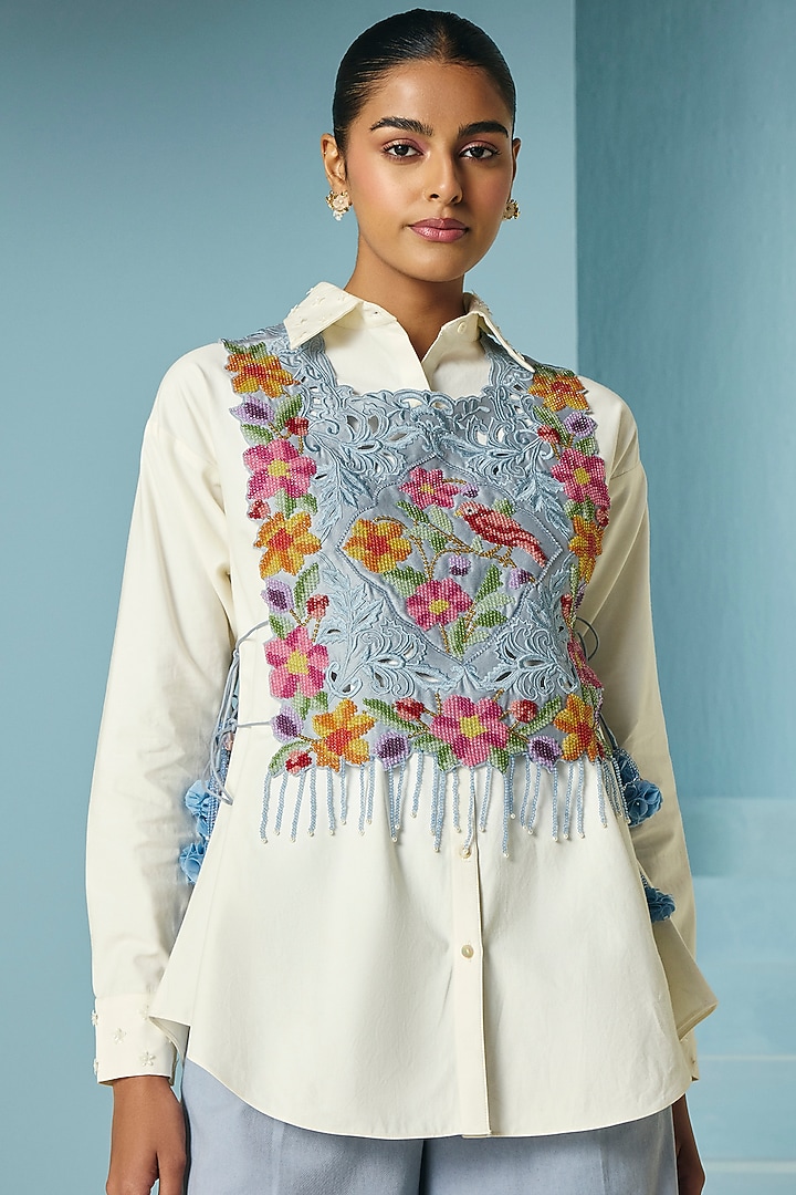 Ivory Poplin Bead Work Shirt by Chandrima at Pernia's Pop Up Shop