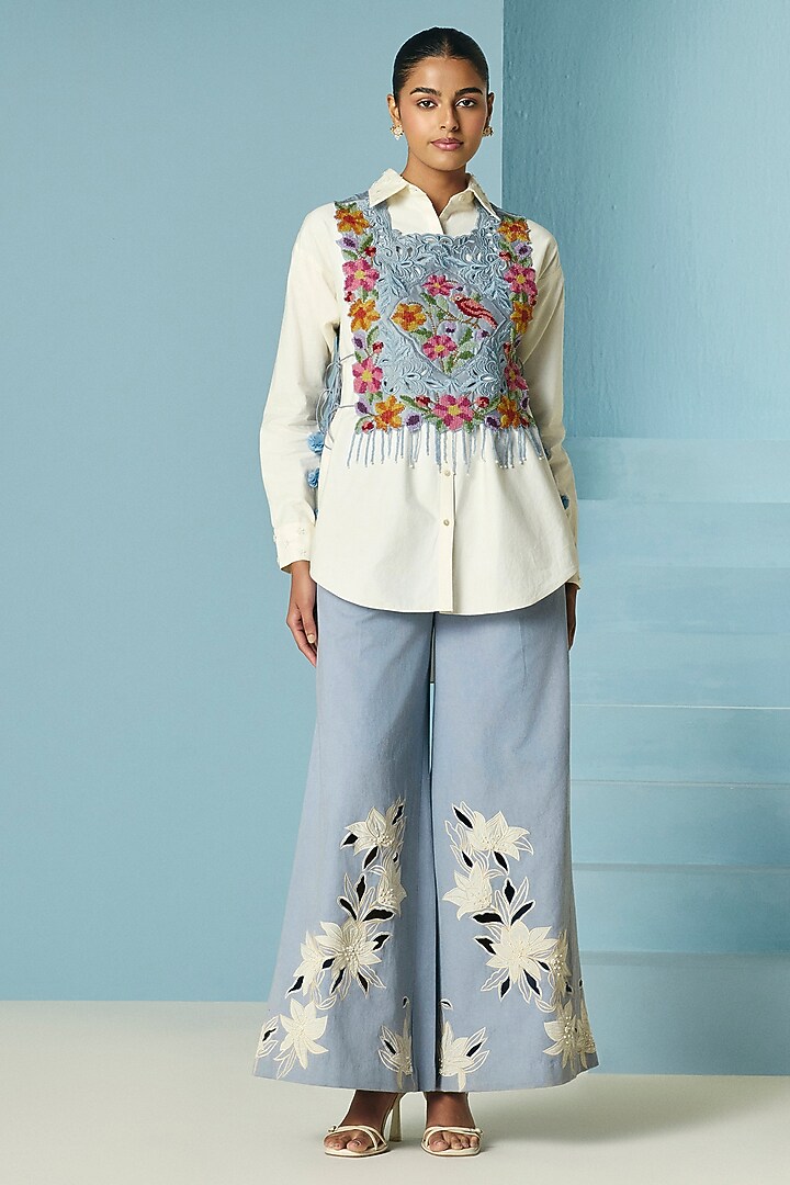 Ivory Poplin Bead Work Shirt by Chandrima at Pernia's Pop Up Shop