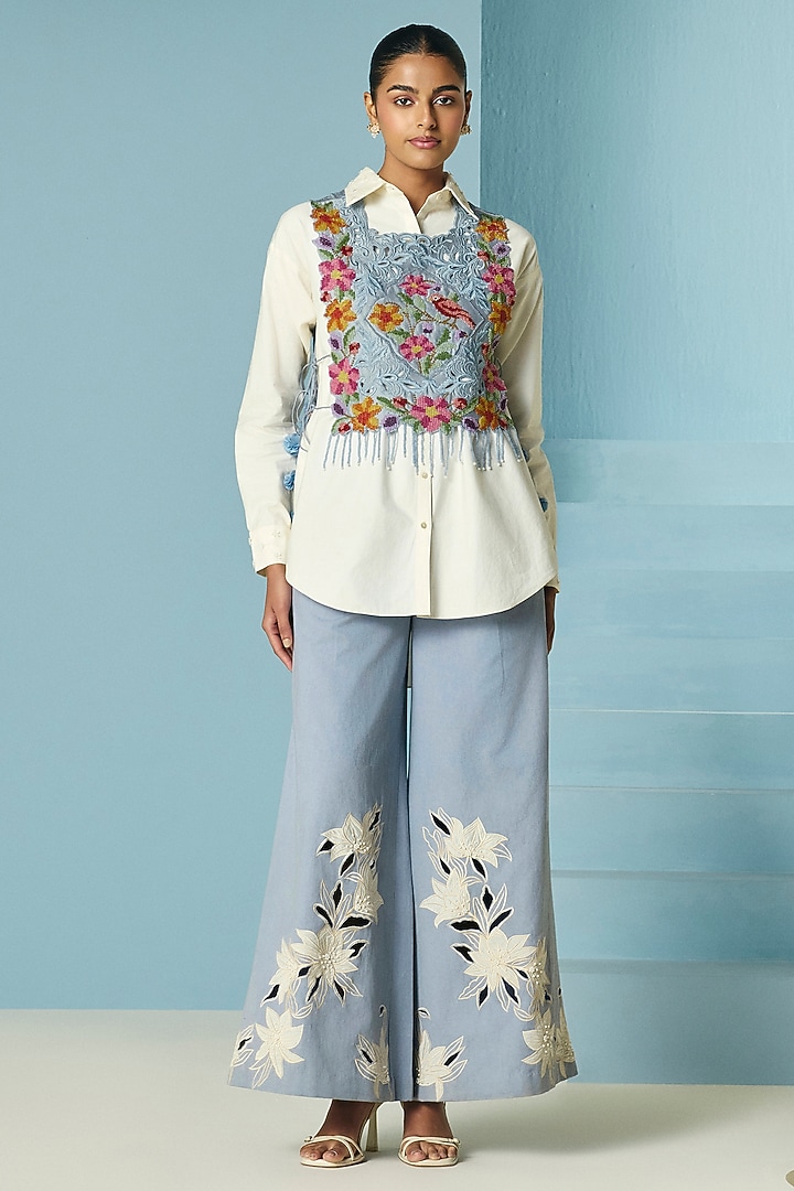 Powder Blue Cotton Twill Floral Applique Work Flared Pants by Chandrima at Pernia's Pop Up Shop
