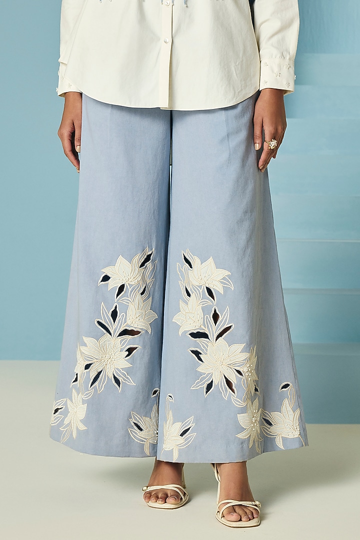 Powder Blue Cotton Twill Floral Applique Work Flared Pants by Chandrima at Pernia's Pop Up Shop