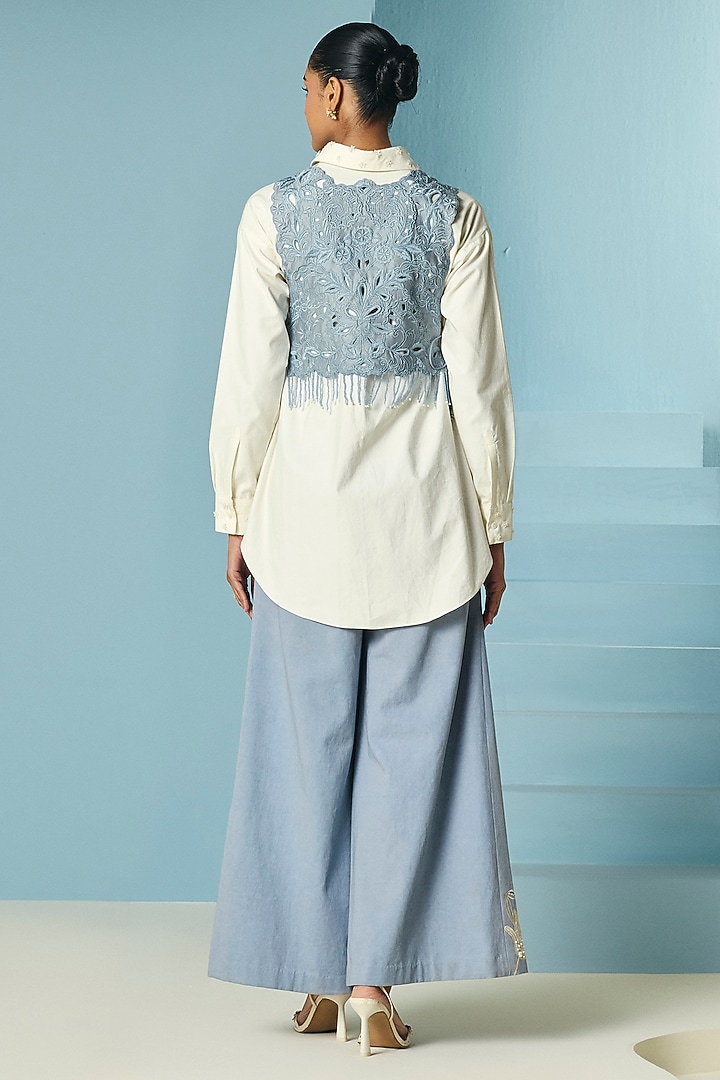 Powder Blue Cotton Twill Floral Applique Work Flared Pants by Chandrima at Pernia's Pop Up Shop