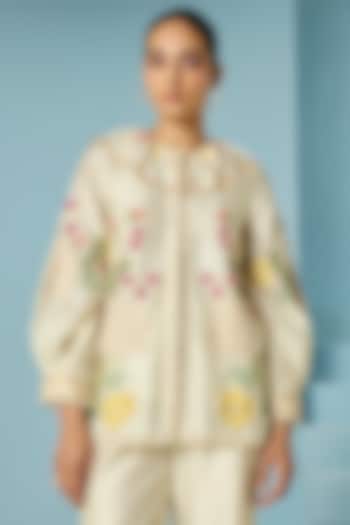 Ivory Chanderi Thread Work Shirt by Chandrima at Pernia's Pop Up Shop