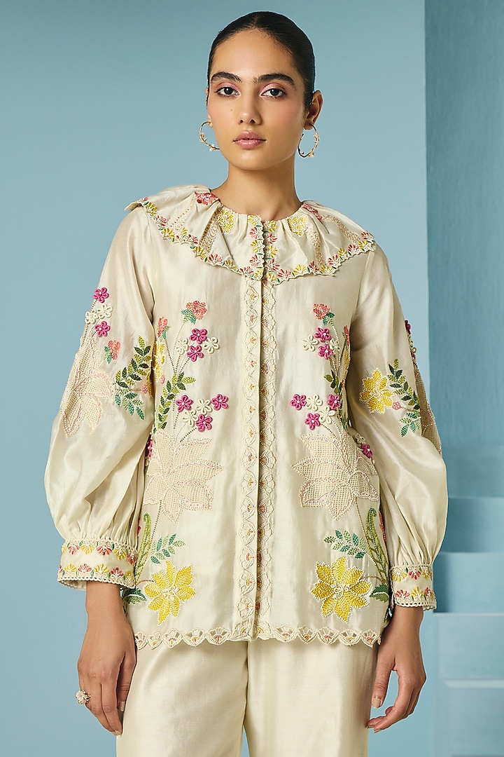 Ivory Chanderi Thread Work Shirt by Chandrima at Pernia's Pop Up Shop