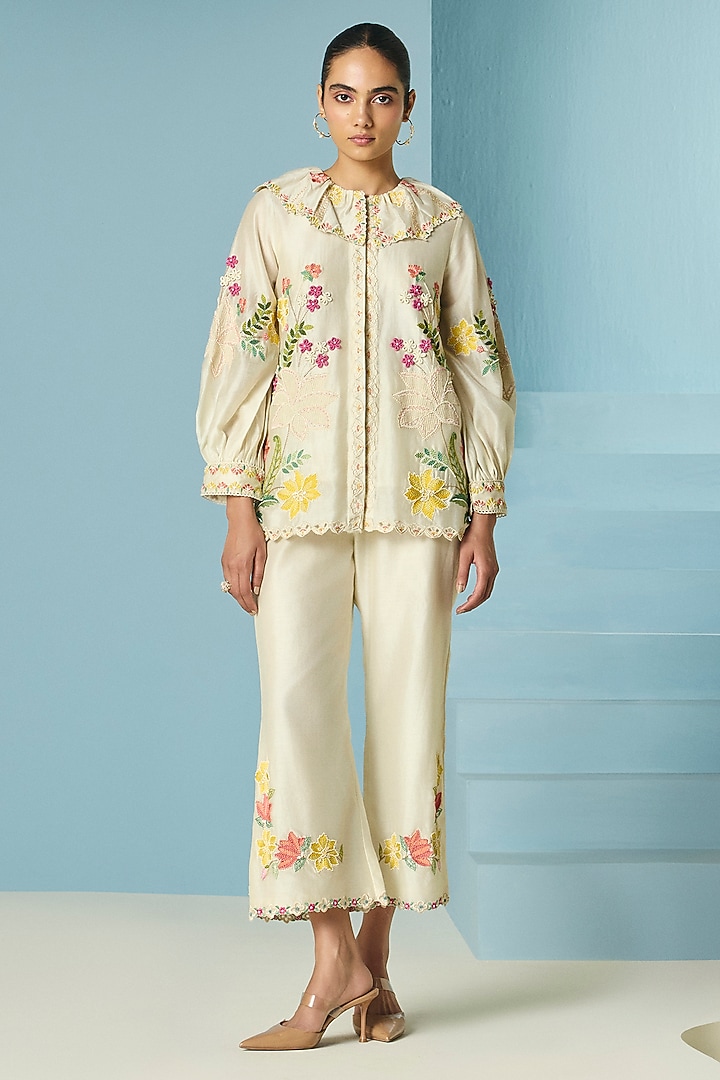 Ivory Chanderi Thread Work Shirt by Chandrima at Pernia's Pop Up Shop