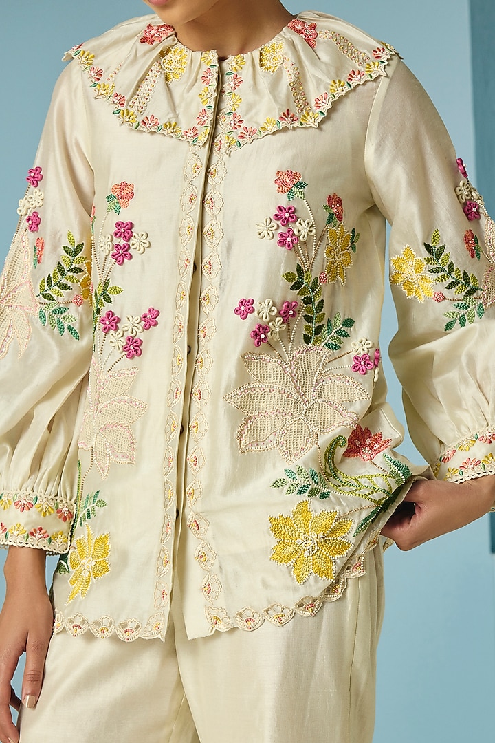 Ivory Chanderi Thread Work Shirt by Chandrima at Pernia's Pop Up Shop