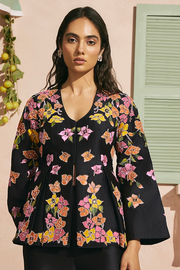 Black Chanderi Beadwork Peplum Jacket by Chandrima at Pernia's Pop Up Shop