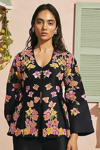 Black Chanderi Beadwork Peplum Jacket by Chandrima