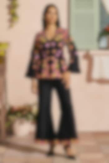 Black Chanderi Applique Work Flared Pants by Chandrima at Pernia's Pop Up Shop