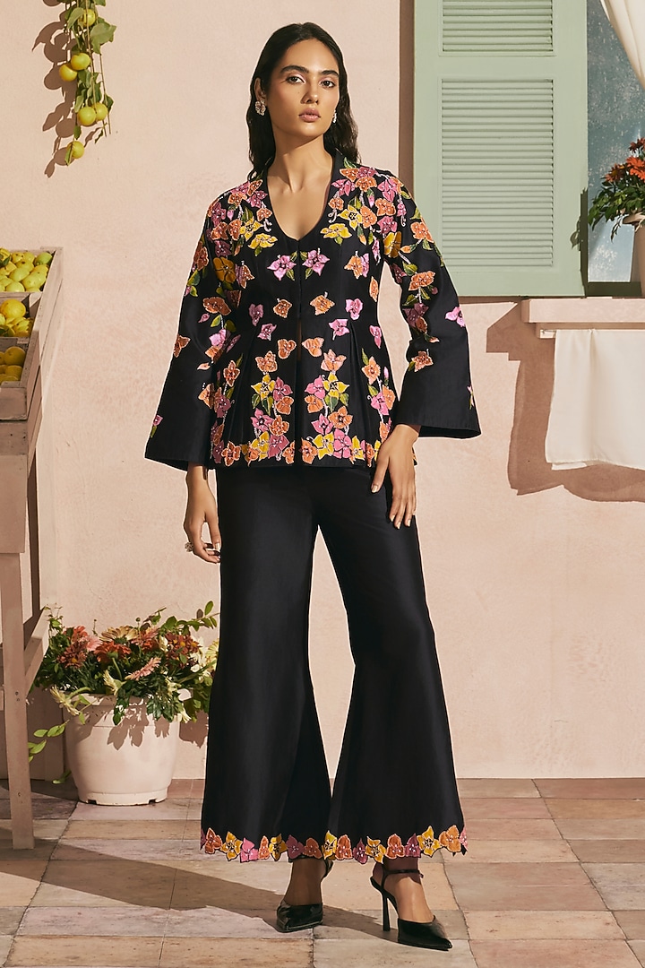 Black Chanderi Applique Work Flared Pants by Chandrima at Pernia's Pop Up Shop