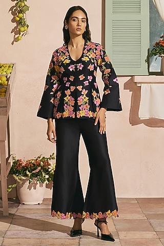 Black Chanderi Applique Work Flared Pants by Chandrima