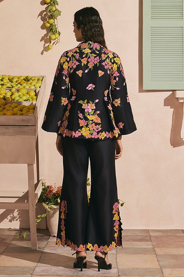 Black Chanderi Applique Work Flared Pants by Chandrima at Pernia's Pop Up Shop