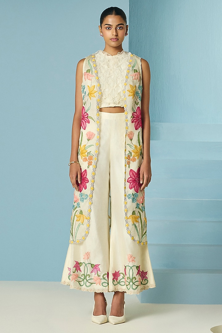 Ivory Silk Organza Floral Applique Work Long Jacket by Chandrima at Pernia's Pop Up Shop