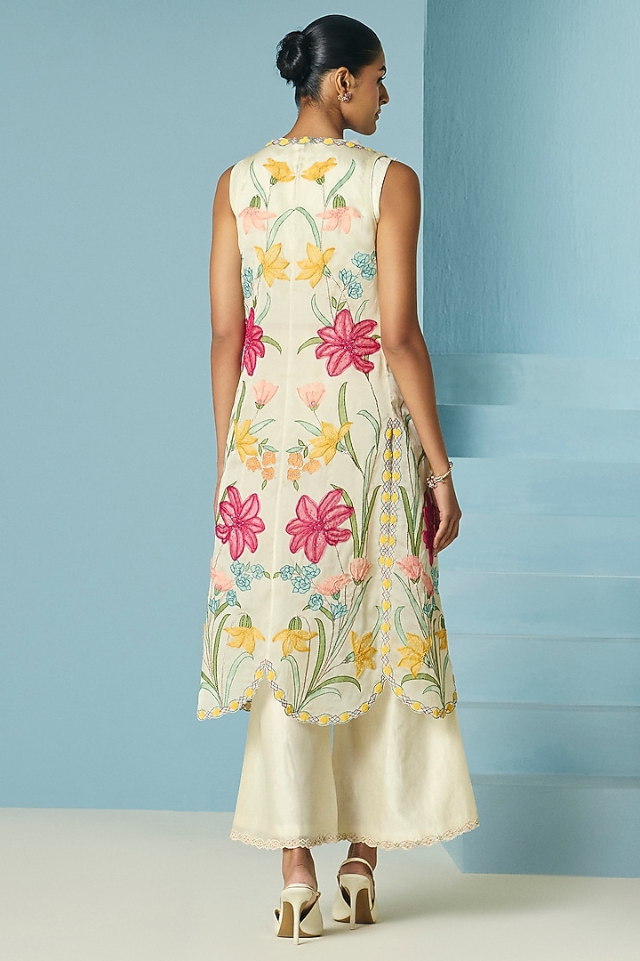 Ivory Silk Organza Floral Applique Work Long Jacket by Chandrima at Pernia's Pop Up Shop